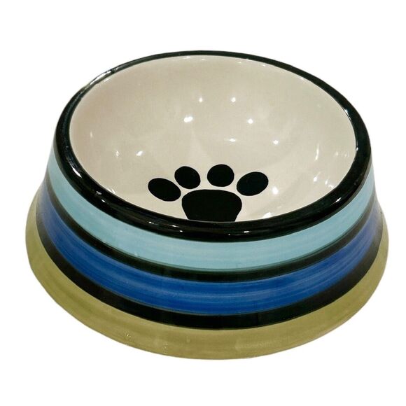Blue Green and Black PetRageous Designs Stoneware Dog Bowl with Paw Print - Picture 1 of 6